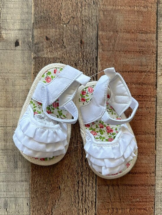 Baby Girls White Ruffle Sandals With Floral Print Sole By Premier - Picture 1 of 3